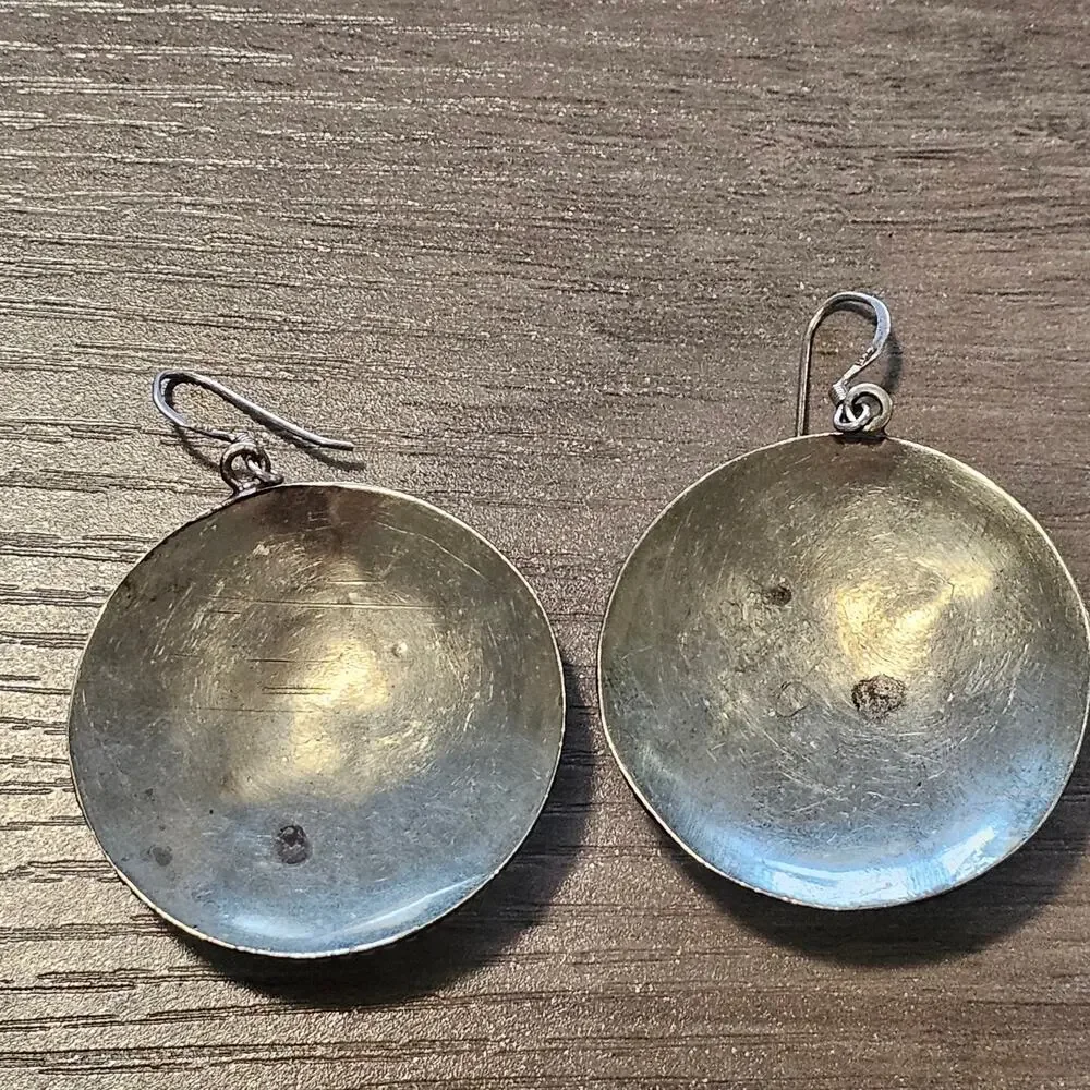 Vintage Tibetan Silver Round Dangle Earrings with Coral & Turquoise